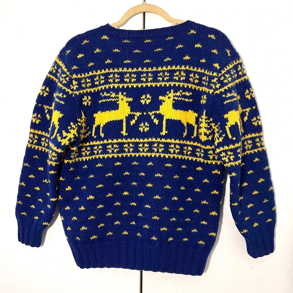 Vintage Ralph Lauren Sweater Mens S‎ Blue Wool Hand Knit Reindeer Fair Isle